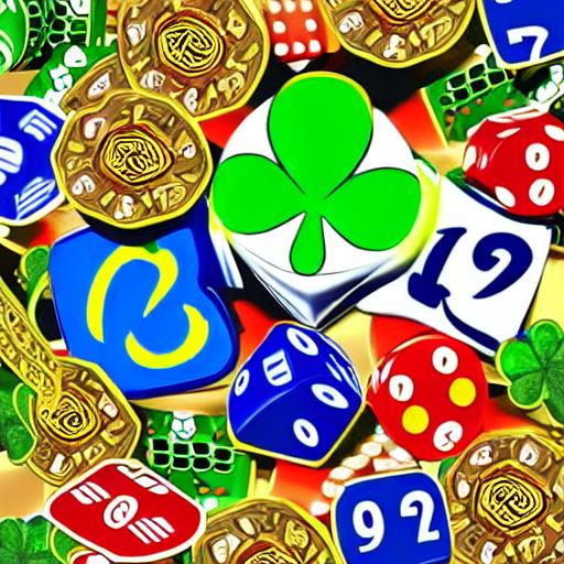 An artistic depiction of the number 777 with casino dice, lucky charms, and fortune symbols in bright colors.