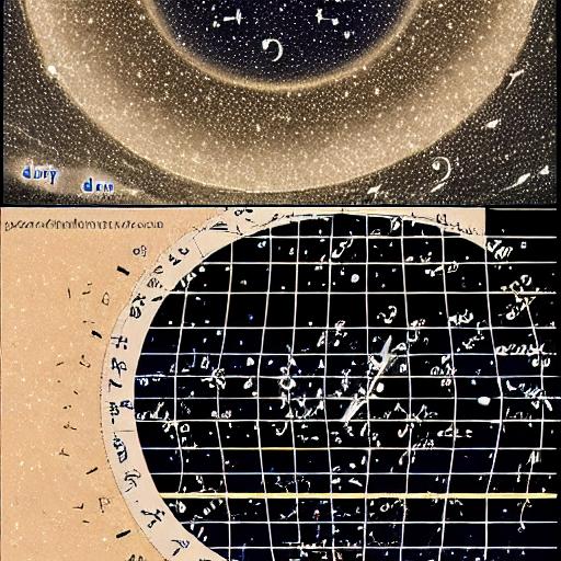 An image of an ancient astronomer studying star charts where constellation patterns form numbers with telescopes and planetary orbits.