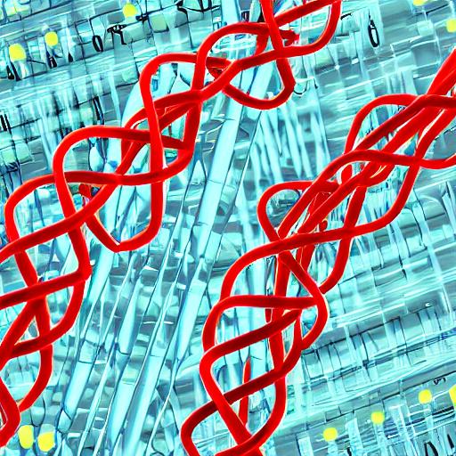 A scientific image showing DNA double helix structures with base pairs being converted to numbers in a laboratory setting.
