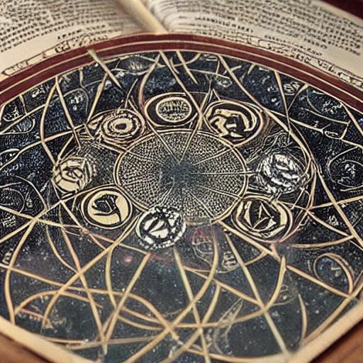 A mystical scene with crystal balls, tarot cards, and ancient scrolls with gematria calculations and swirling mists.