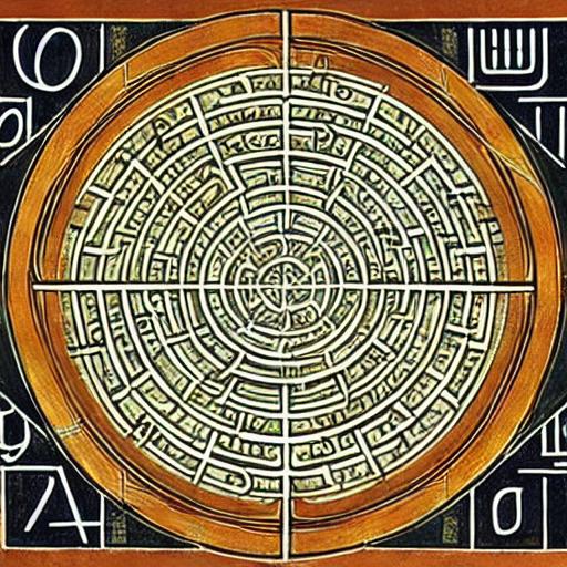 An artistic representation combining Greek letters, mathematical theorems, and sacred geometry with ancient scrolls.