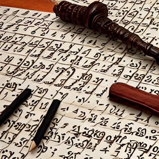 A historical scene showing ancient scholars manually counting letters and calculating gematria by candlelight with abacus and quill pens.