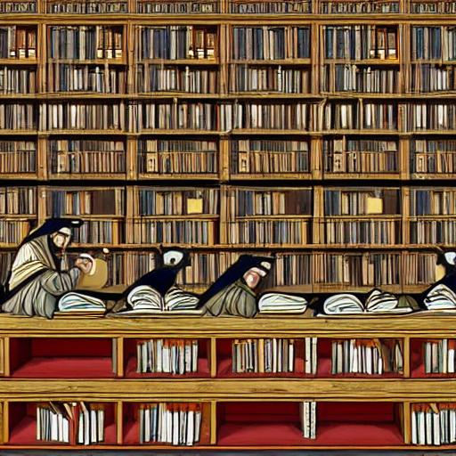 An image of robed mystics and scholars in a medieval library setting, studying texts and making calculations to seek hidden truths.