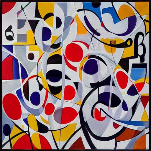 A contemporary art gallery scene with abstract paintings incorporating numbers and mathematical patterns.