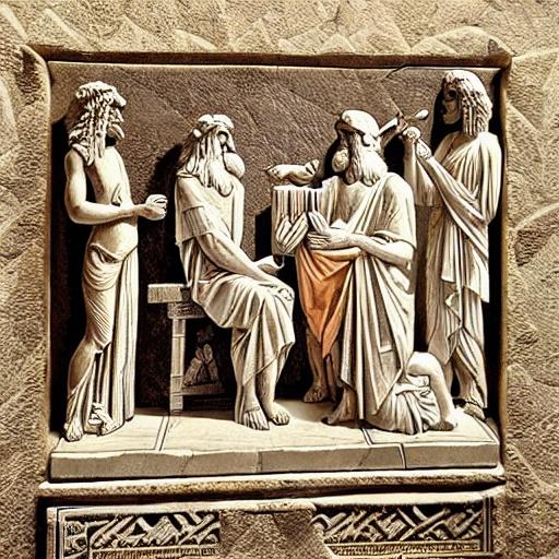 A classical Greek scene with Pythagoras studying geometric patterns and numerical formulas on stone tablets.