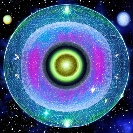 A cosmic scene showing the universe as a digital simulation with mathematical formulas and gematria patterns overlaying galaxies.